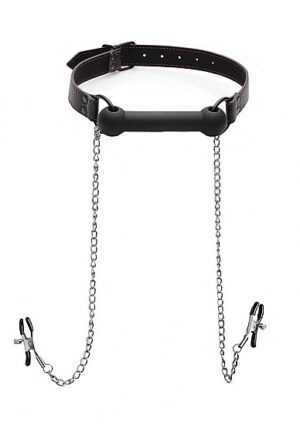 Strict - Silicone Bit Gag + Nipple Clamps - Black - Afbeelding 1