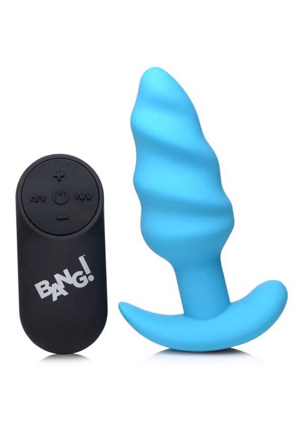 21X Vibrating Silicone Swirl Butt Plug with Remote - Blue