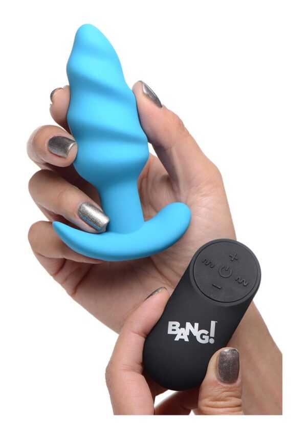 21X Vibrating Silicone Swirl Butt Plug with Remote - Blue