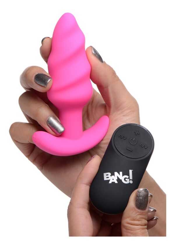 21X Vibrating Silicone Swirl Butt Plug with Remotel - Pink