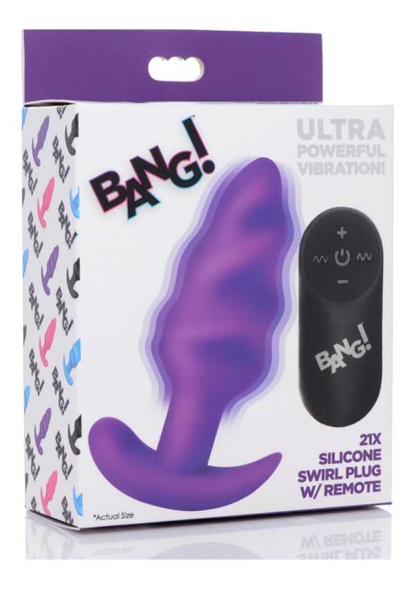 21X Vibrating Silicone Swirl Butt Plug with Remote - Purple