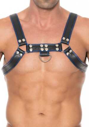 Chest Bulldog Harness - Premium Leather - Black/Blue - S/M