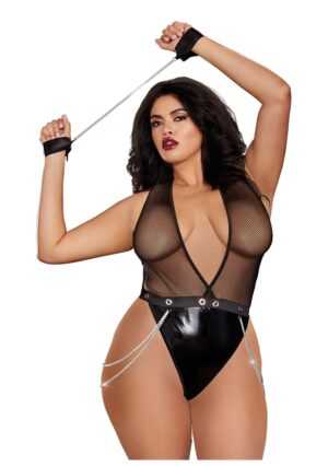 Faux-Leather Deep Plunge Halter Teddy - OSQ - Afbeelding 1