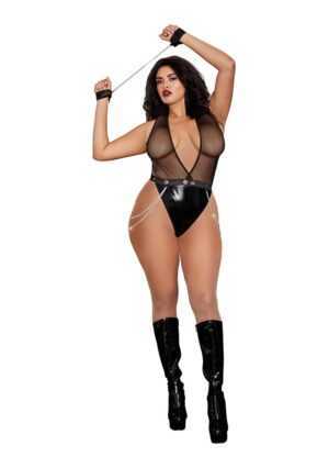 Faux-Leather Deep Plunge Halter Teddy - OSQ - Afbeelding 3
