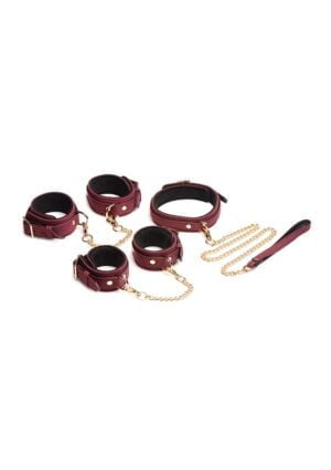 6 Piece Velvet Bondage Set Burgundy Cuffs. Collar. and Leash - Afbeelding 3