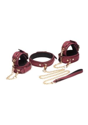 6 Piece Velvet Bondage Set Burgundy Cuffs. Collar. and Leash - Afbeelding 6