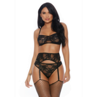 Lace Me Down - BH, Jarretellegordel en Slipje - L