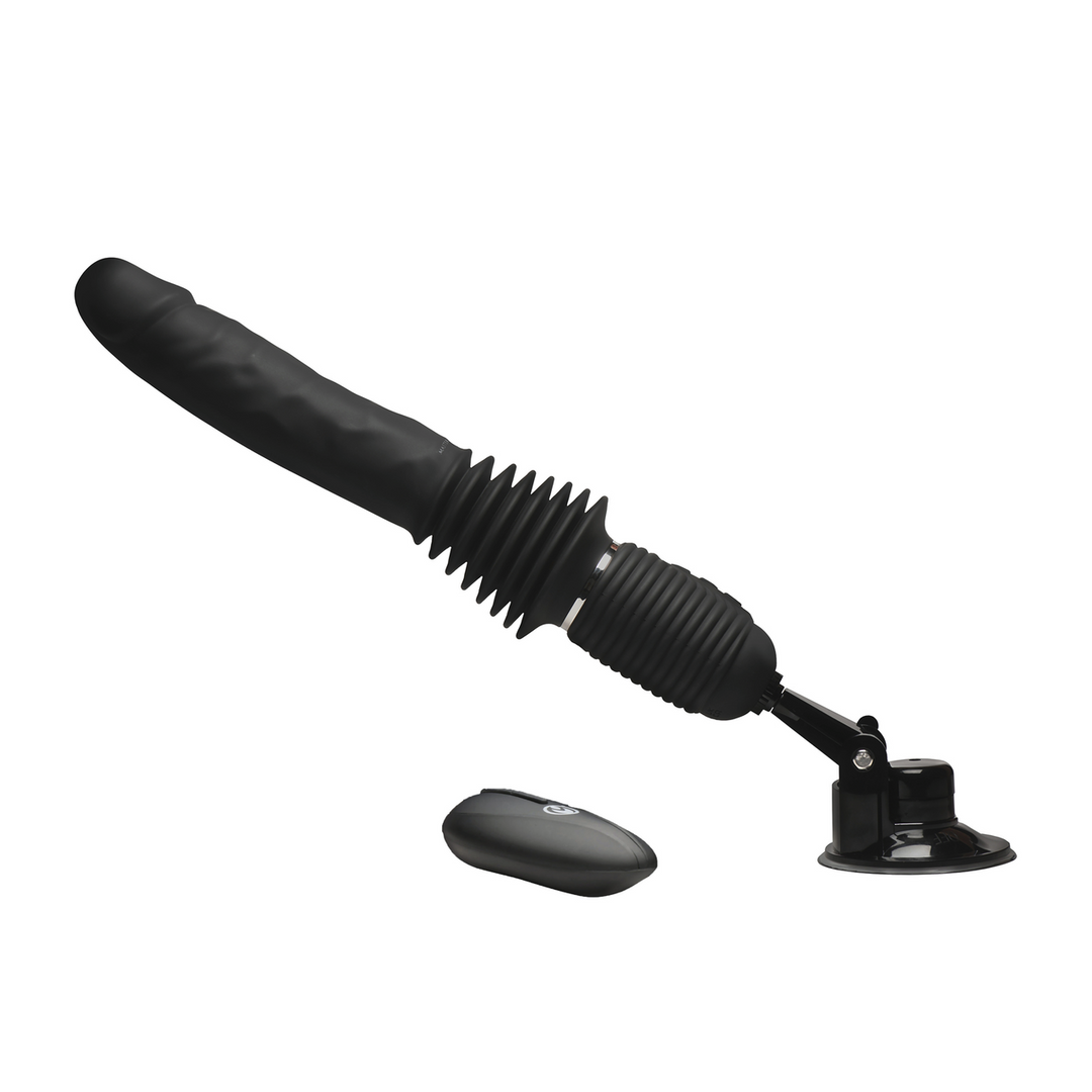 Master Series - Ultimate Power Pounder - Vibrerende en Duwende Siliconen Dildo met Afstandsbediening - Zwart
