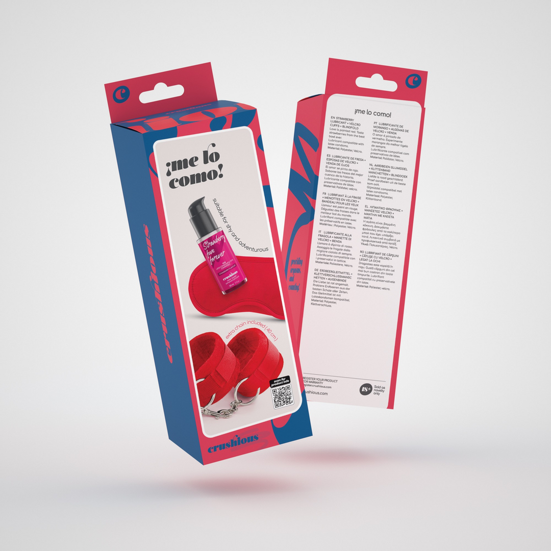 Me Lo Como - Velcro Handcuffs Set with Blindfold and Strawberry Lubricant - 1.7 fl oz / 50 ml - Red