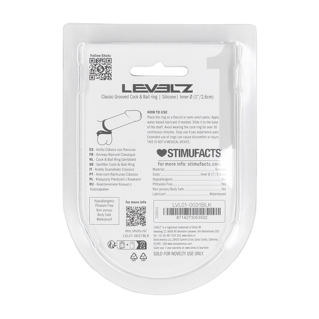 Levelz - Classic Grooved Silicone Penis- en Ballenring - Zwart